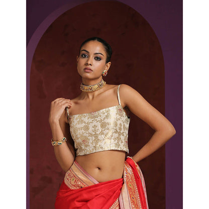WeaverStory White Thin Strap Pure Katan Silk Brocade Blouse