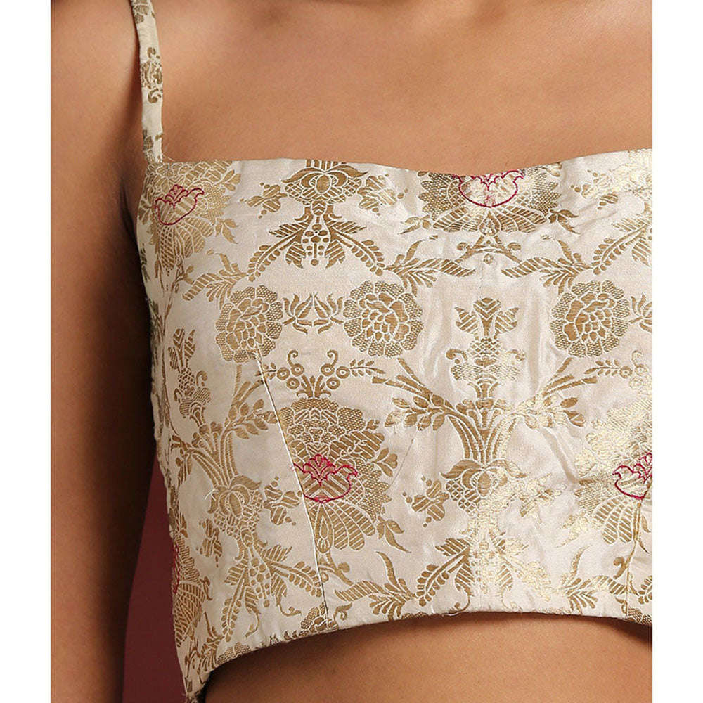 WeaverStory White Thin Strap Pure Katan Silk Brocade Blouse