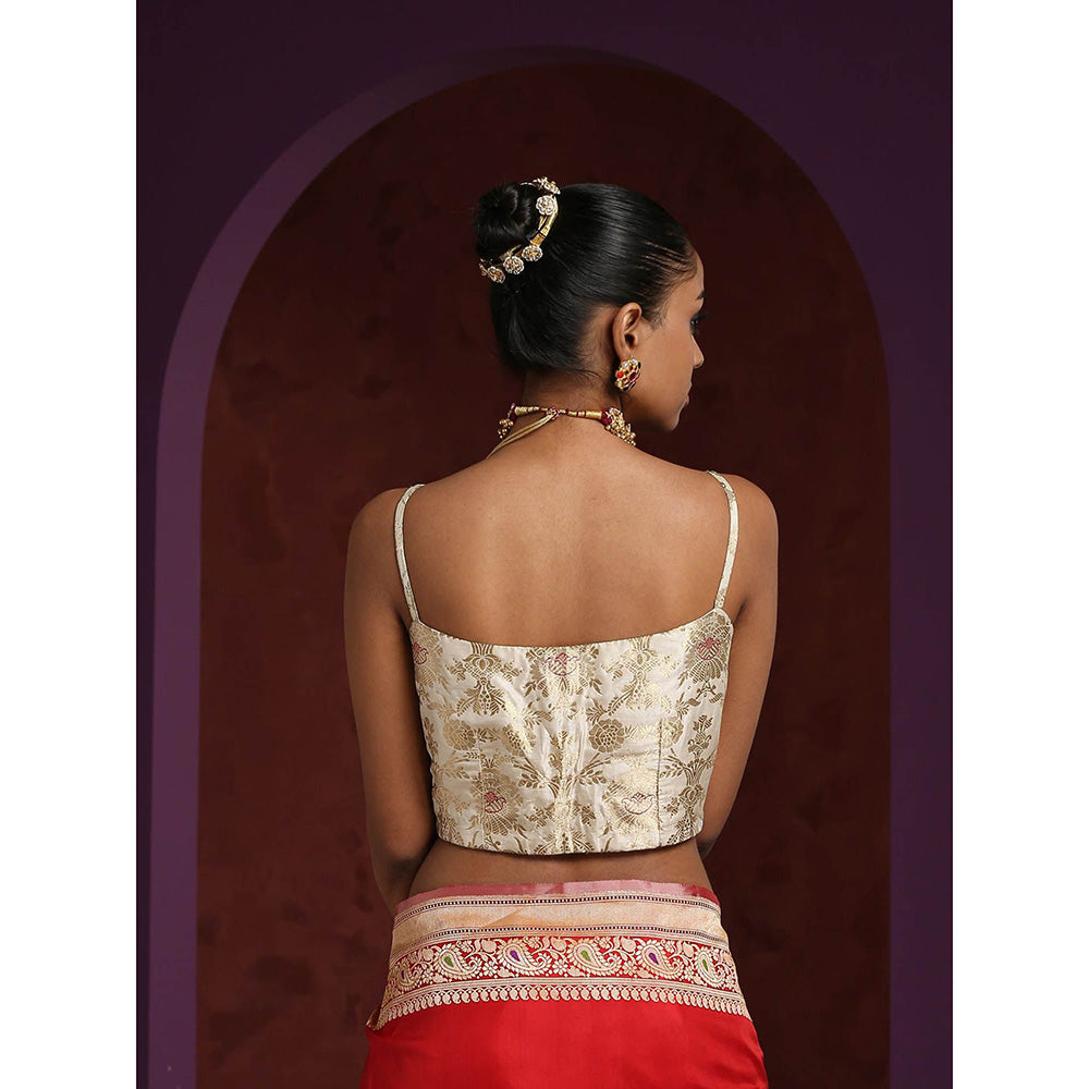 WeaverStory White Thin Strap Pure Katan Silk Brocade Blouse