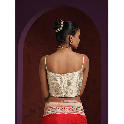 WeaverStory White Thin Strap Pure Katan Silk Brocade Blouse