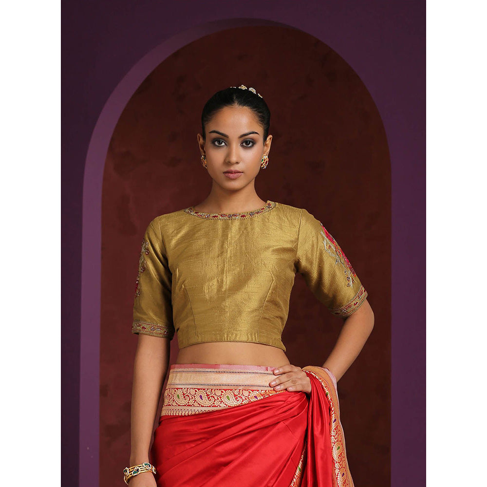 WeaverStory Gold Raw Silk Blouse with Hand Embroidered Bird Motif