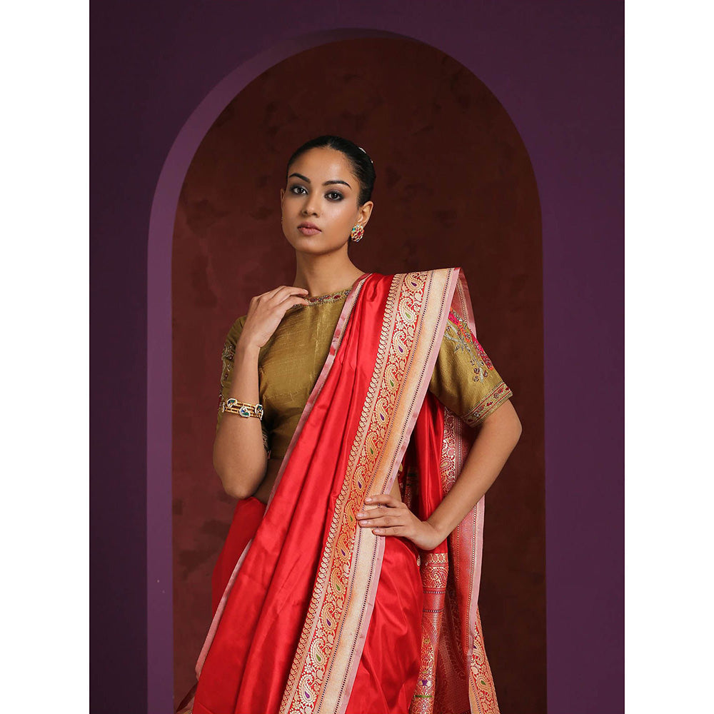 WeaverStory Gold Raw Silk Blouse with Hand Embroidered Bird Motif