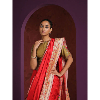 WeaverStory Gold Raw Silk Blouse with Hand Embroidered Bird Motif