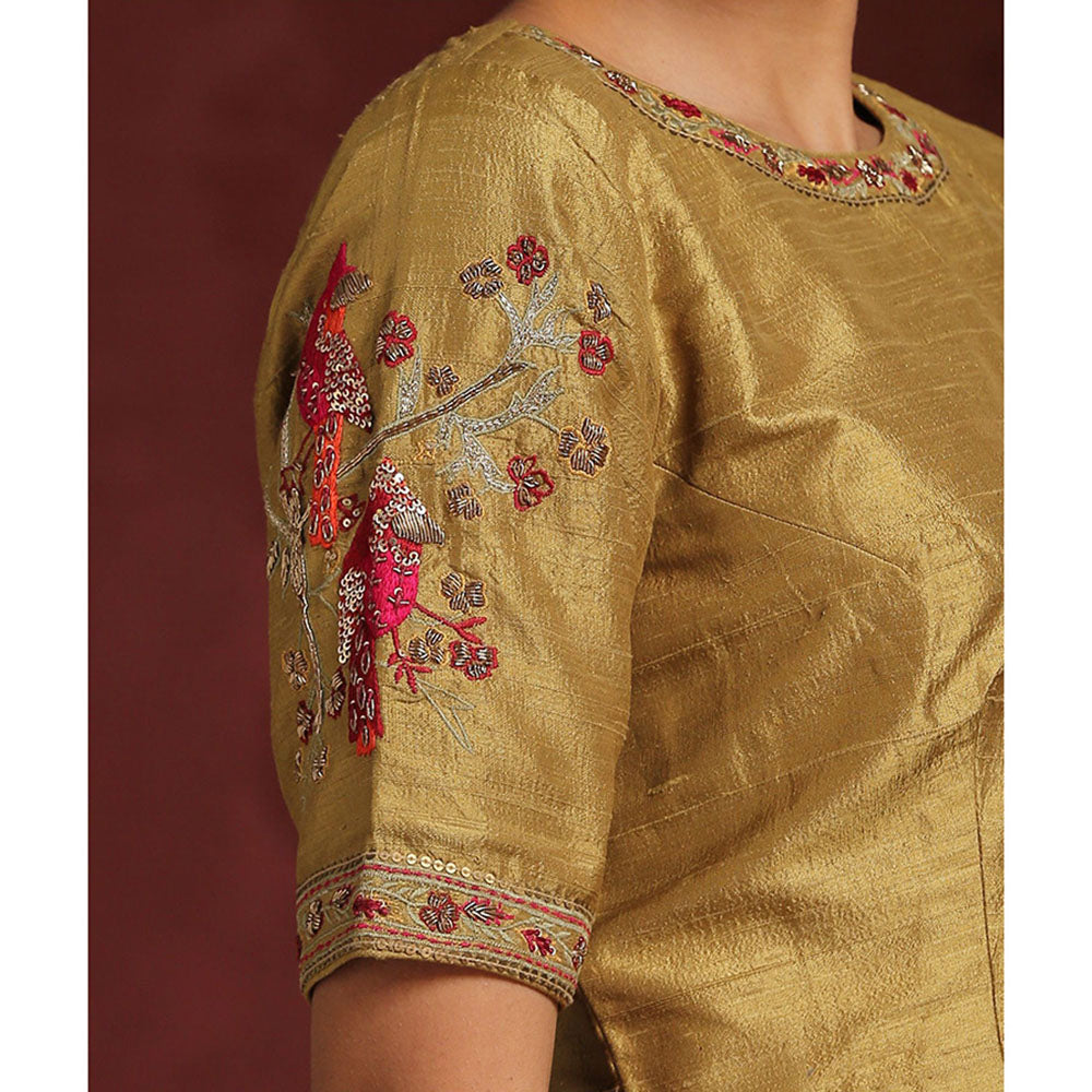 WeaverStory Gold Raw Silk Blouse with Hand Embroidered Bird Motif