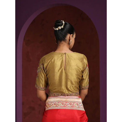 WeaverStory Gold Raw Silk Blouse with Hand Embroidered Bird Motif