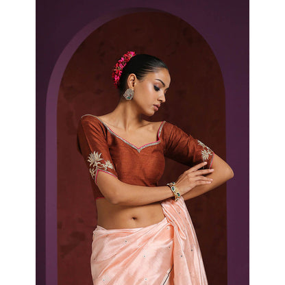 WeaverStory Brown Raw Silk Embroidered Blouse