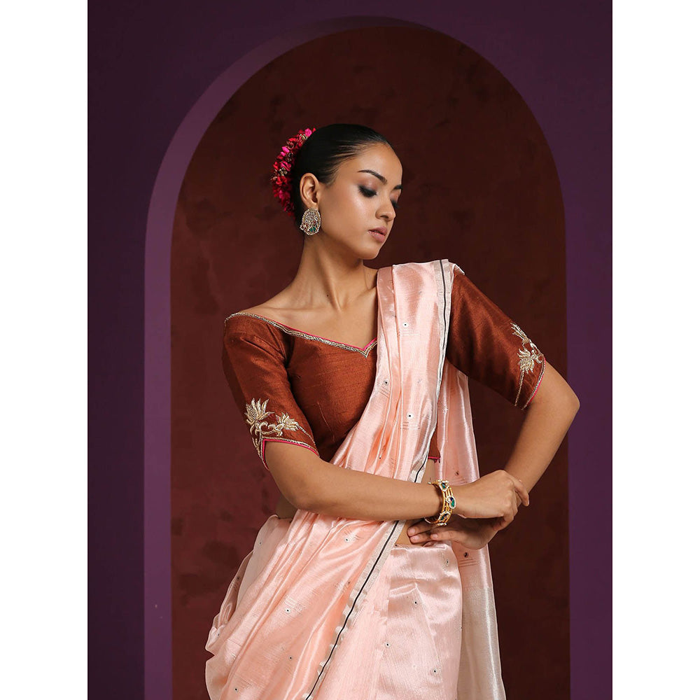 WeaverStory Brown Raw Silk Embroidered Blouse