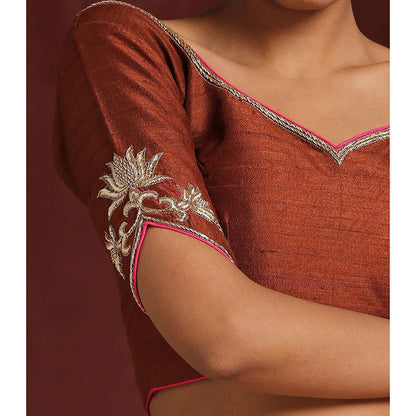 WeaverStory Brown Raw Silk Embroidered Blouse