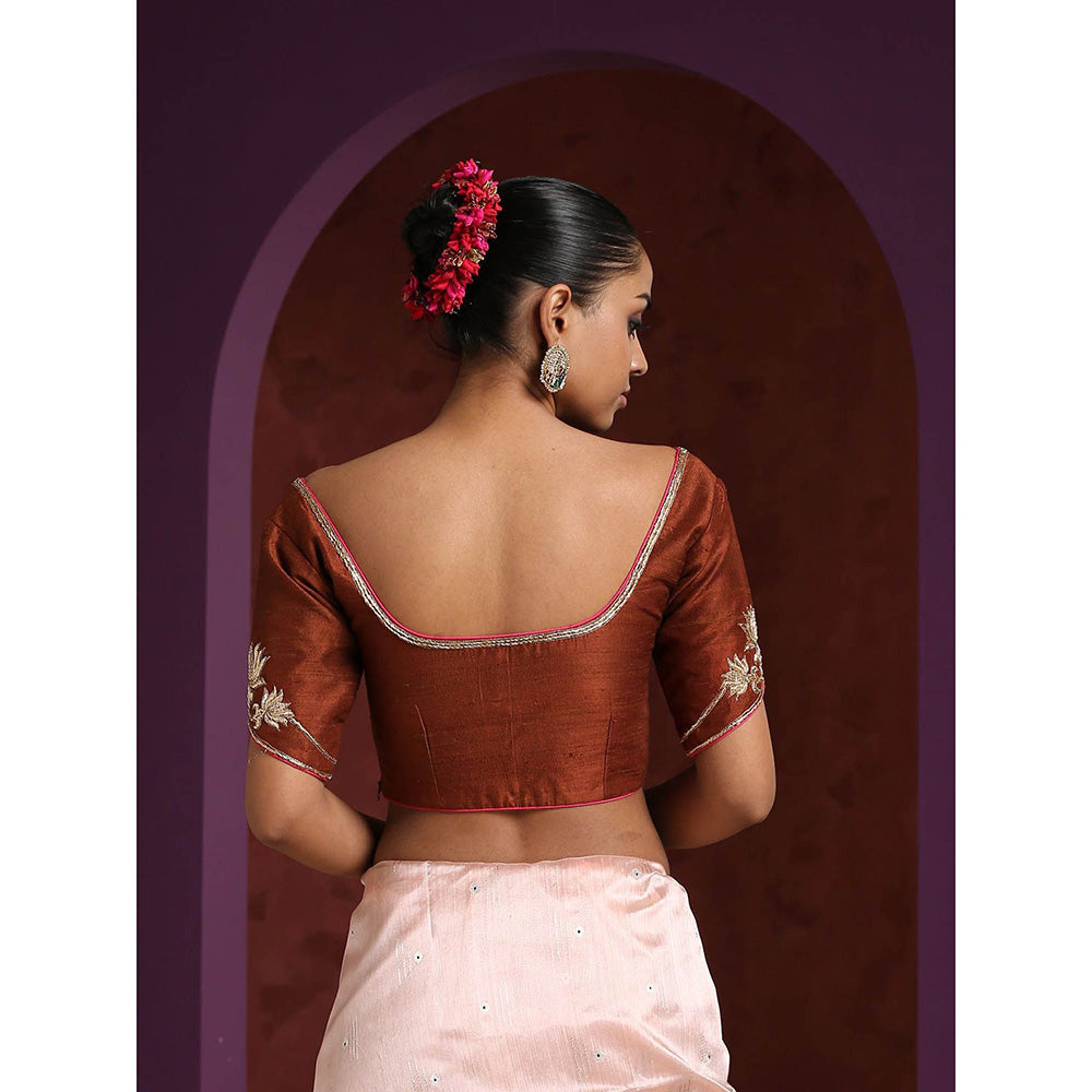 WeaverStory Brown Raw Silk Embroidered Blouse