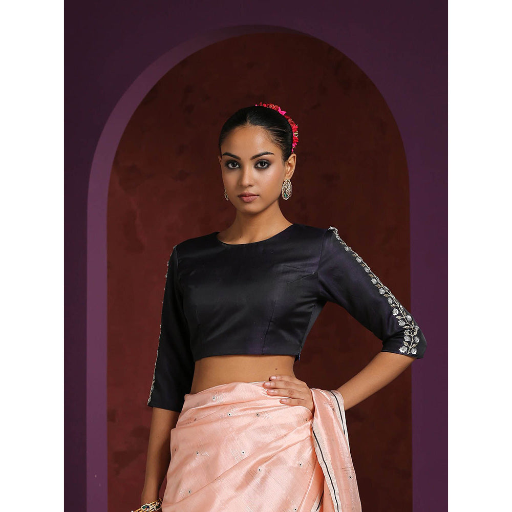 WeaverStory Black Silk Hand Embroidered Zardozi Blouse