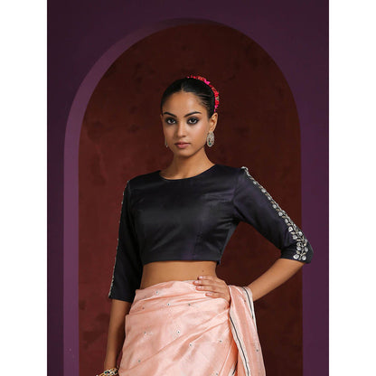 WeaverStory Black Silk Hand Embroidered Zardozi Blouse