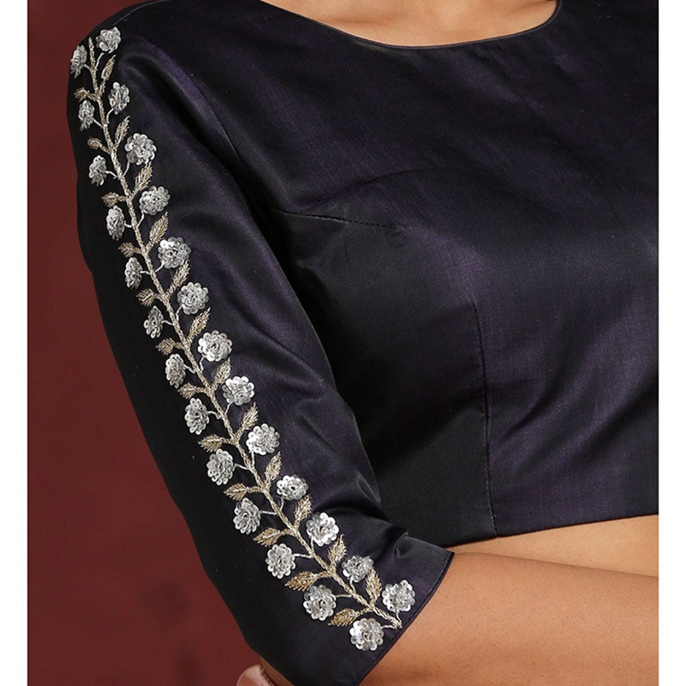 WeaverStory Black Silk Hand Embroidered Zardozi Blouse