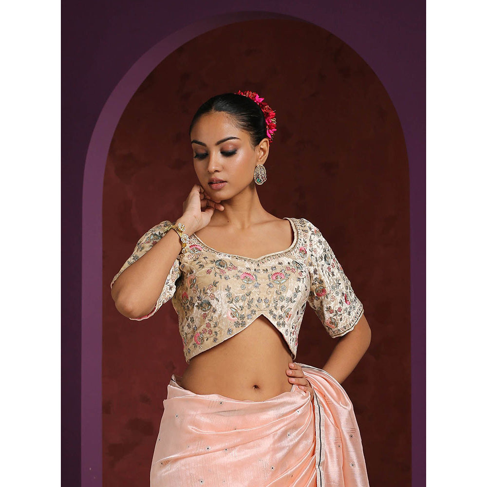 WeaverStory Hand Embroidered Beige Velvet Blouse with Resham and Zari Work