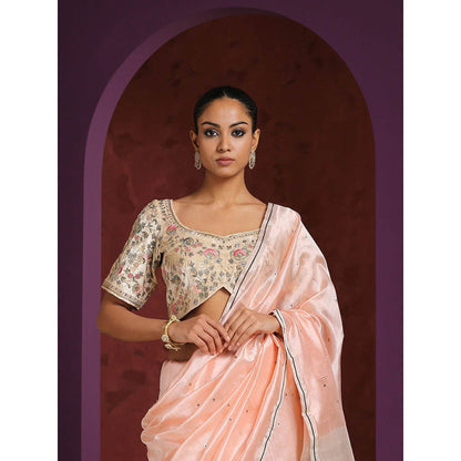 WeaverStory Hand Embroidered Beige Velvet Blouse with Resham and Zari Work