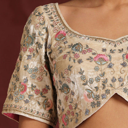WeaverStory Hand Embroidered Beige Velvet Blouse with Resham and Zari Work
