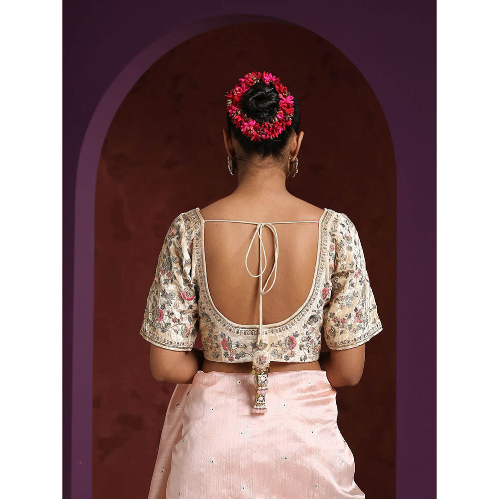 WeaverStory Hand Embroidered Beige Velvet Blouse with Resham and Zari Work