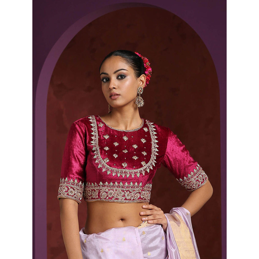 WeaverStory Fuchsia Pure Velvet Hand Embroidered Zardozi Blouse