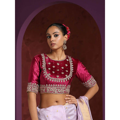 WeaverStory Fuchsia Pure Velvet Hand Embroidered Zardozi Blouse