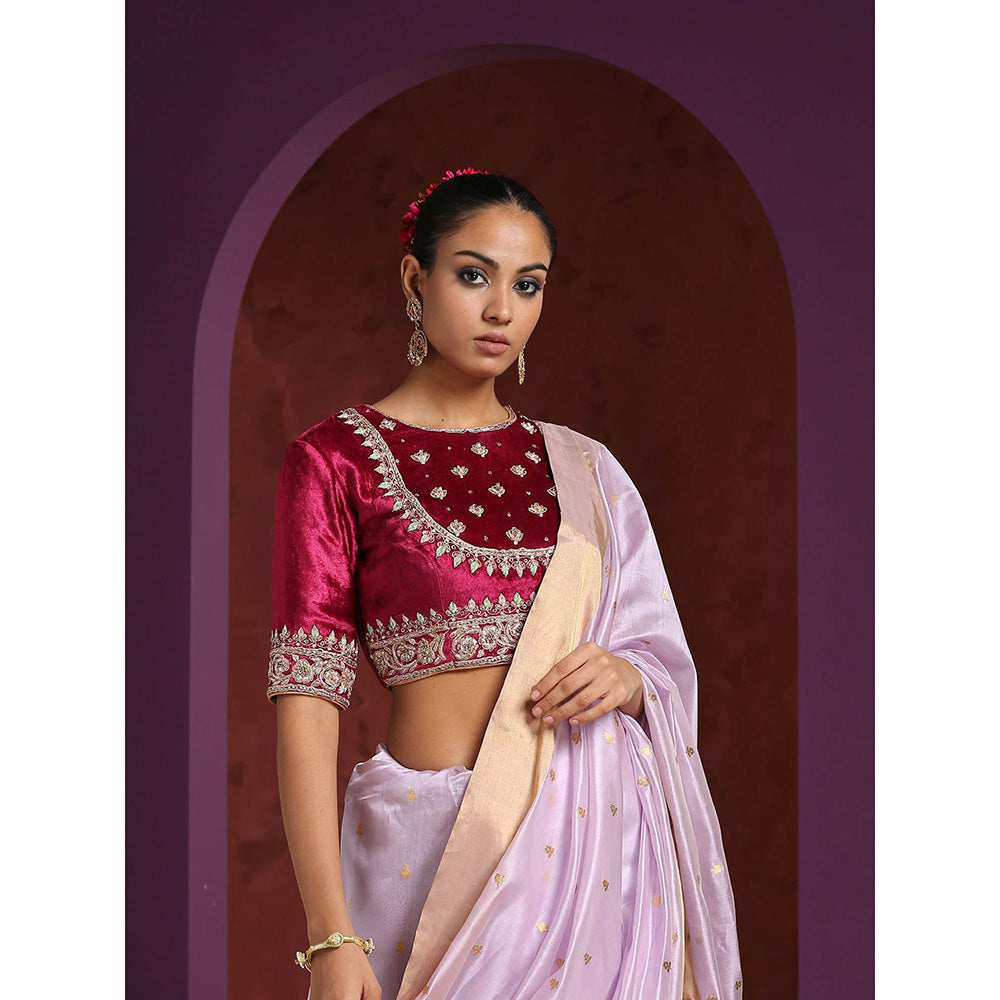 WeaverStory Fuchsia Pure Velvet Hand Embroidered Zardozi Blouse