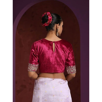 WeaverStory Fuchsia Pure Velvet Hand Embroidered Zardozi Blouse