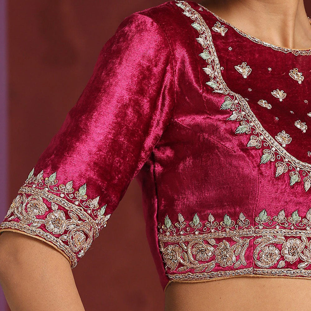 WeaverStory Fuchsia Pure Velvet Hand Embroidered Zardozi Blouse