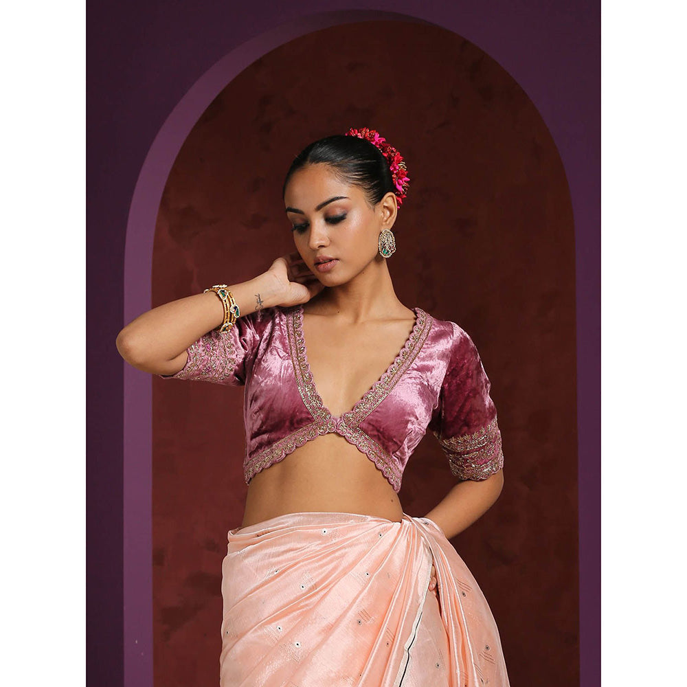 WeaverStory Hand Embroidered Scalloped Onion Pink Velvet Blouse