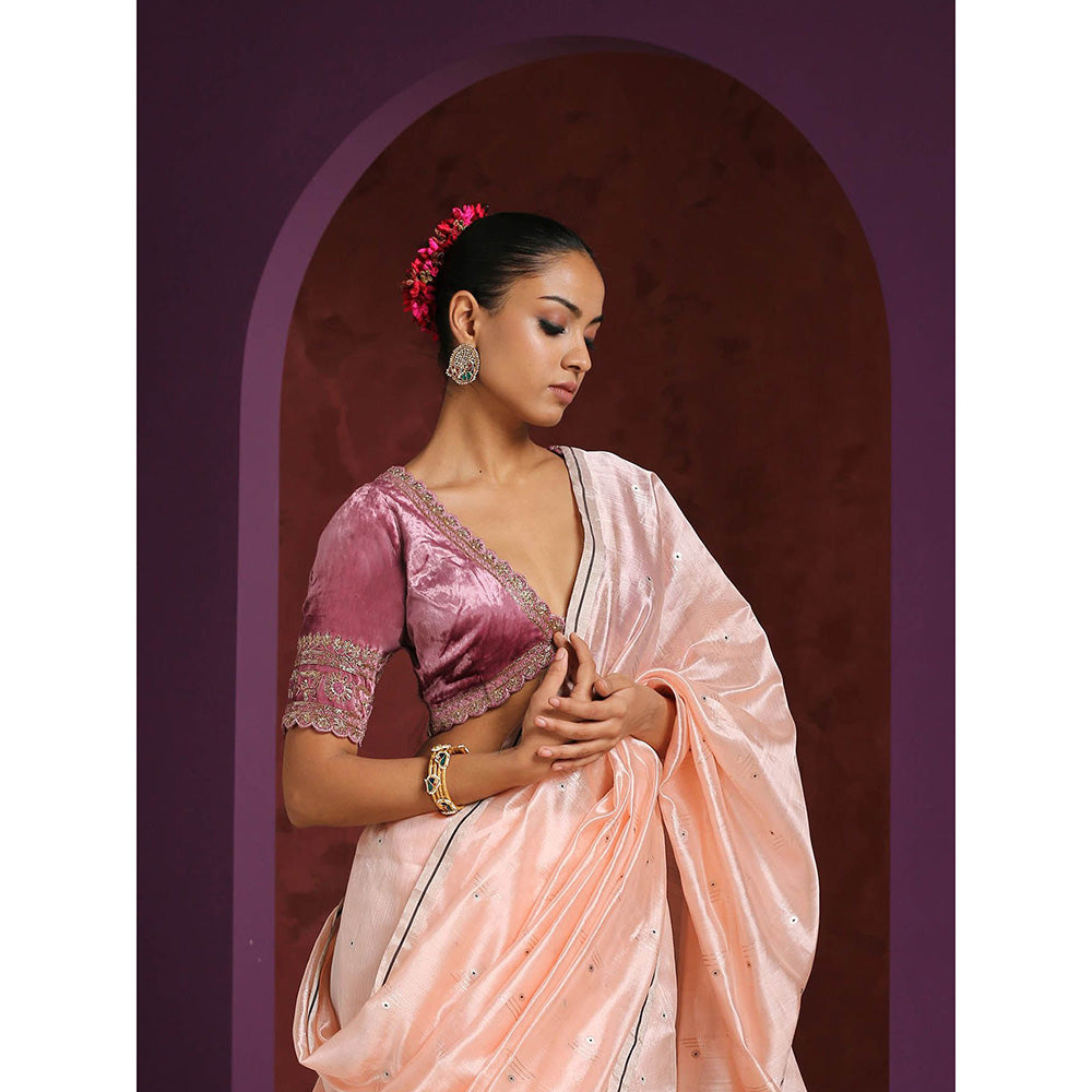 WeaverStory Hand Embroidered Scalloped Onion Pink Velvet Blouse