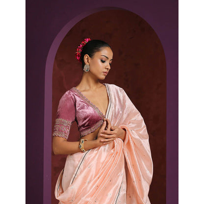 WeaverStory Hand Embroidered Scalloped Onion Pink Velvet Blouse