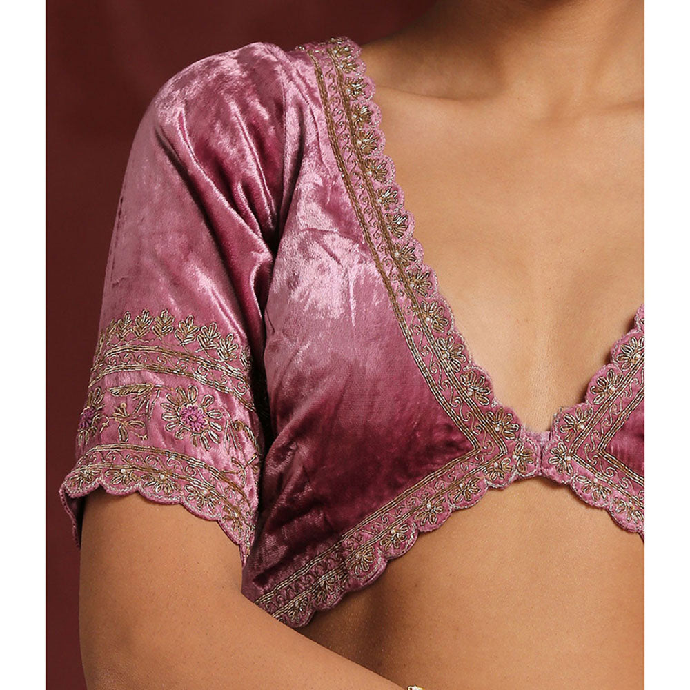 WeaverStory Hand Embroidered Scalloped Onion Pink Velvet Blouse