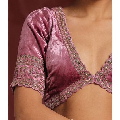 WeaverStory Hand Embroidered Scalloped Onion Pink Velvet Blouse