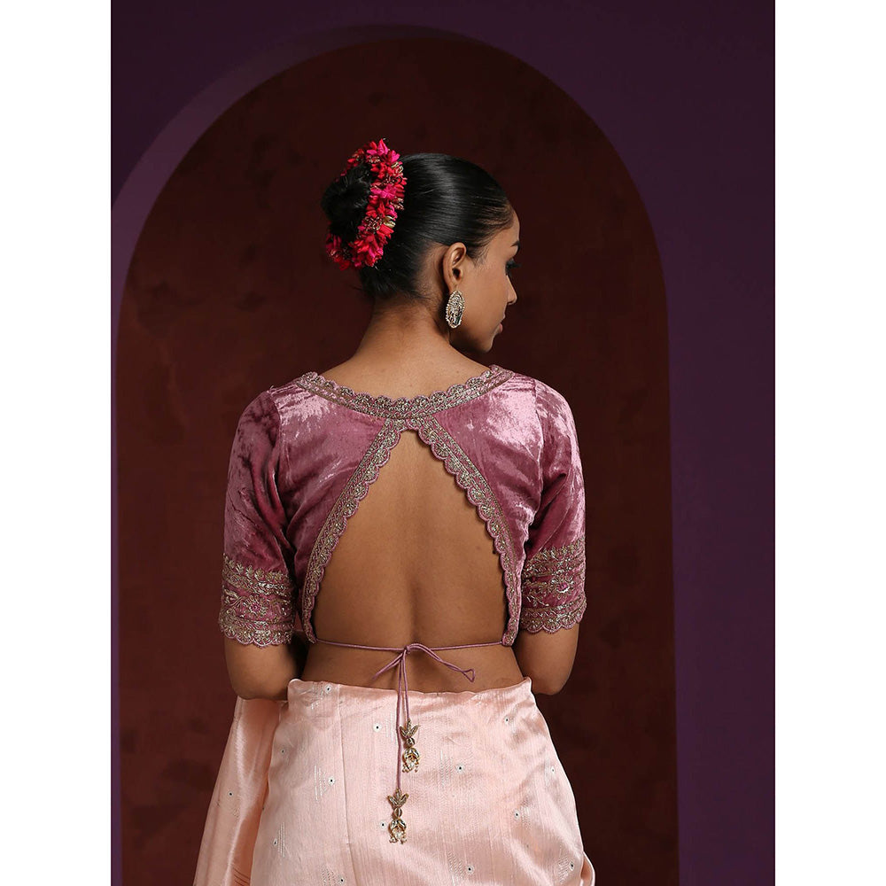 WeaverStory Hand Embroidered Scalloped Onion Pink Velvet Blouse