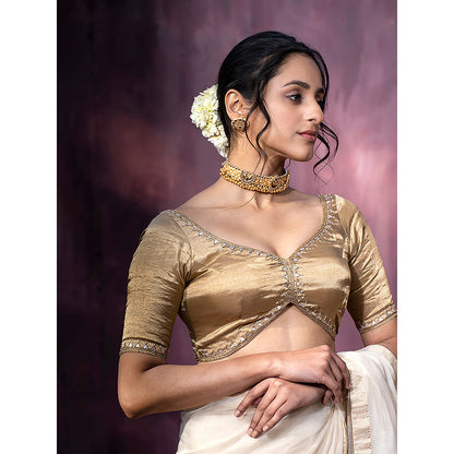 WeaverStory Hand Embroidered Golden Tissue Silk Blouse with Gota Patti