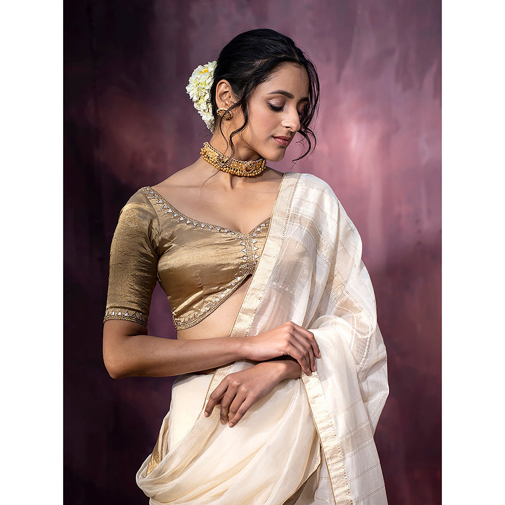 WeaverStory Hand Embroidered Golden Tissue Silk Blouse with Gota Patti