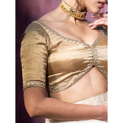WeaverStory Hand Embroidered Golden Tissue Silk Blouse with Gota Patti