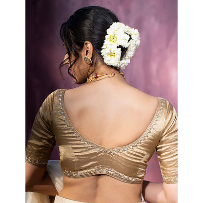 WeaverStory Hand Embroidered Golden Tissue Silk Blouse with Gota Patti