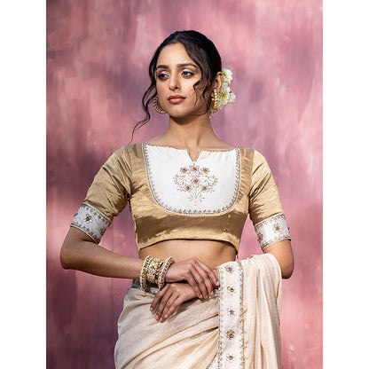 WeaverStory Golden Hand Embroidered Tissue and Chanderi Silk Blouse with Gota Patti