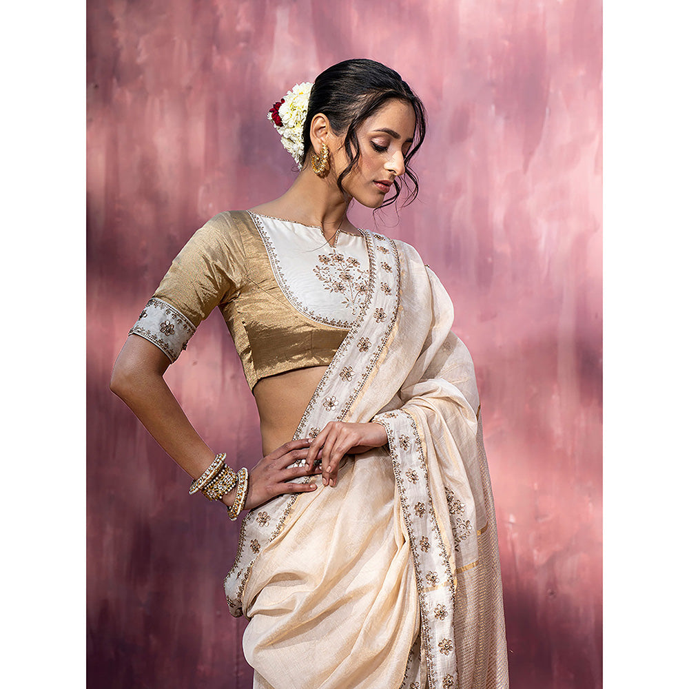 WeaverStory Golden Hand Embroidered Tissue and Chanderi Silk Blouse with Gota Patti