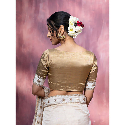 WeaverStory Golden Hand Embroidered Tissue and Chanderi Silk Blouse with Gota Patti