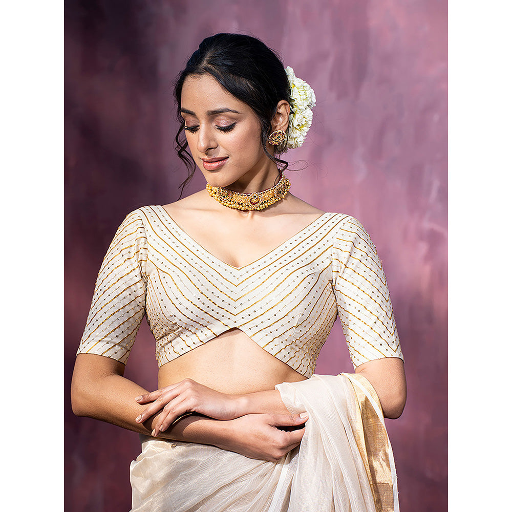 WeaverStory Handloom Off White Chanderi Silk Hand Embroidered Gota Patti Blouse with V-Neck