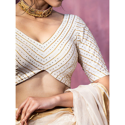 WeaverStory Handloom Off White Chanderi Silk Hand Embroidered Gota Patti Blouse with V-Neck