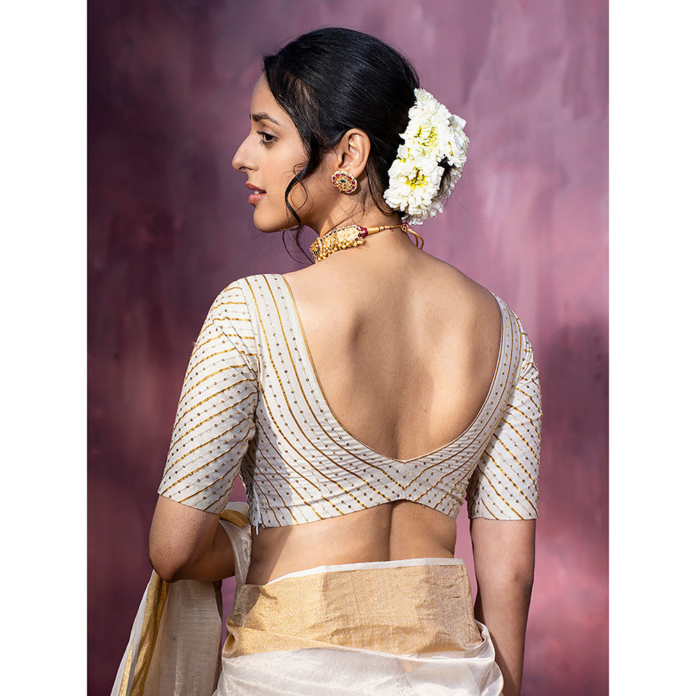 WeaverStory Handloom Off White Chanderi Silk Hand Embroidered Gota Patti Blouse with V-Neck