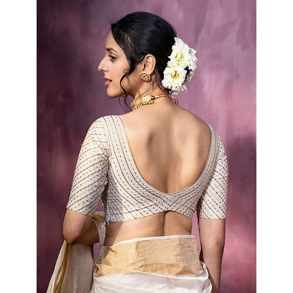 WeaverStory Handloom Off White Chanderi Silk Hand Embroidered Gota Patti Blouse with V-Neck