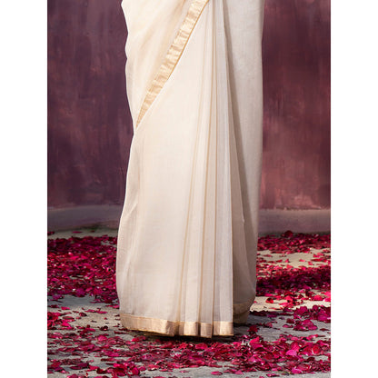 WeaverStory Off White Handloom Maheshwari Saree with Gota Patti Motifs On Pallu