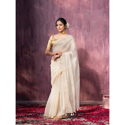 WeaverStory Off White Handloom Maheshwari Saree with Gota Patti Motifs On Pallu