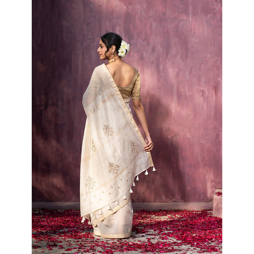 WeaverStory Off White Handloom Maheshwari Saree with Gota Patti Motifs On Pallu