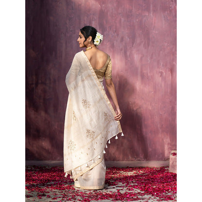 WeaverStory Off White Handloom Maheshwari Saree with Gota Patti Motifs On Pallu