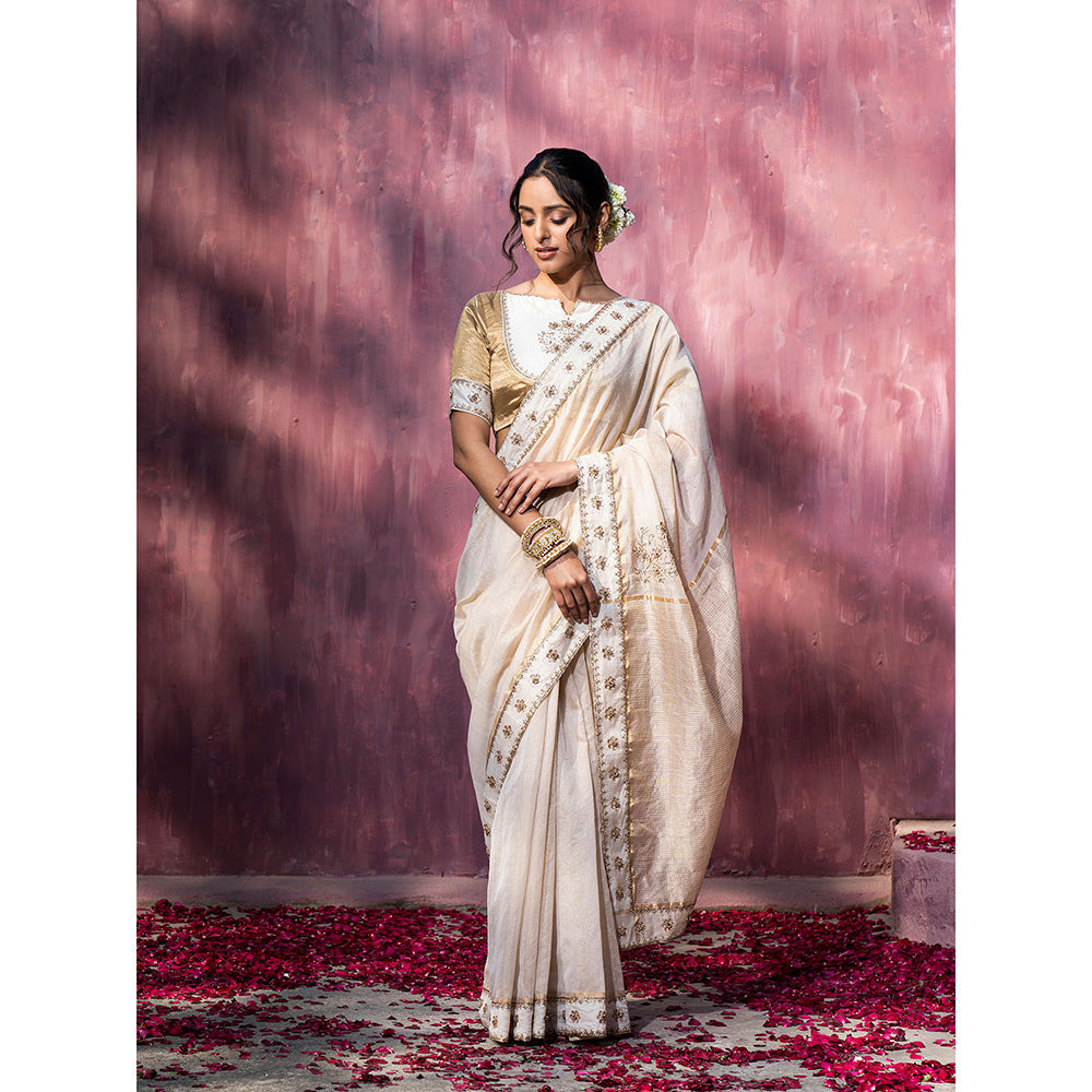WeaverStory Off White Handloom Chanderi Saree with Gota Patti and Hand Embroidery