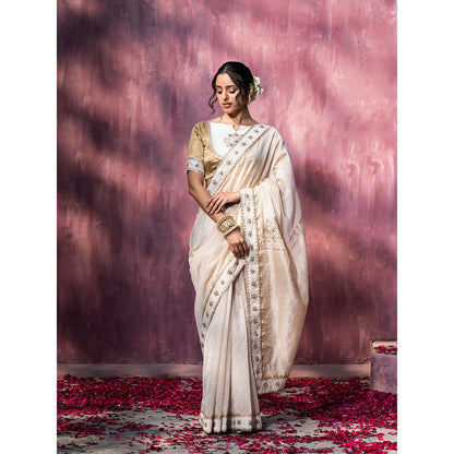 WeaverStory Off White Handloom Chanderi Saree with Gota Patti and Hand Embroidery