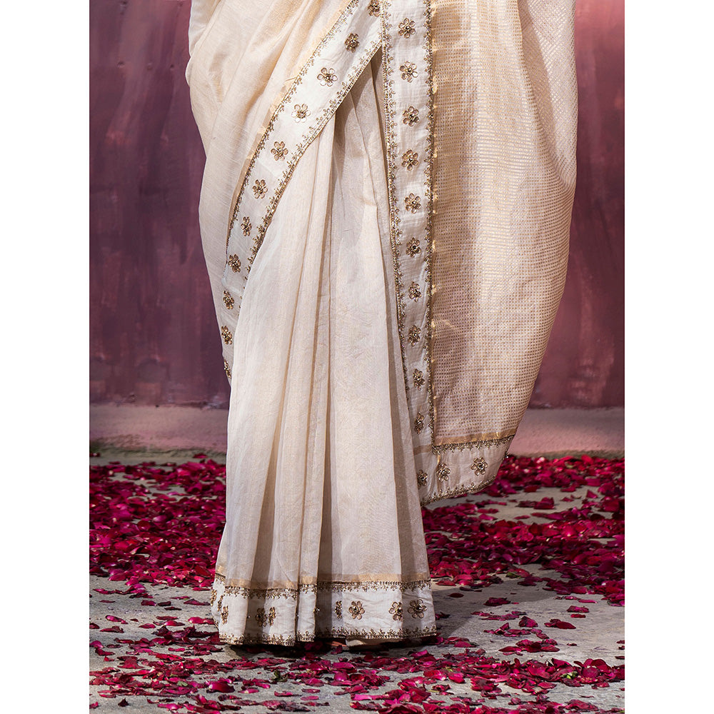 WeaverStory Off White Handloom Chanderi Saree with Gota Patti and Hand Embroidery