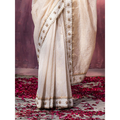 WeaverStory Off White Handloom Chanderi Saree with Gota Patti and Hand Embroidery